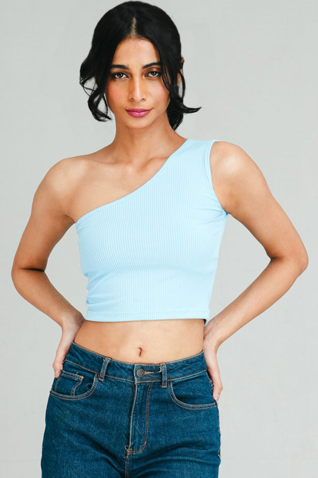 Blue One-Shoulder Crop Top