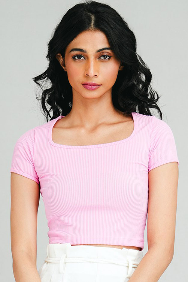 Pink Ribbed Square Collar Crop Top
