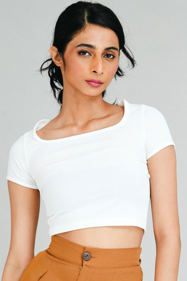 White Ribbed Square Collar Crop Top